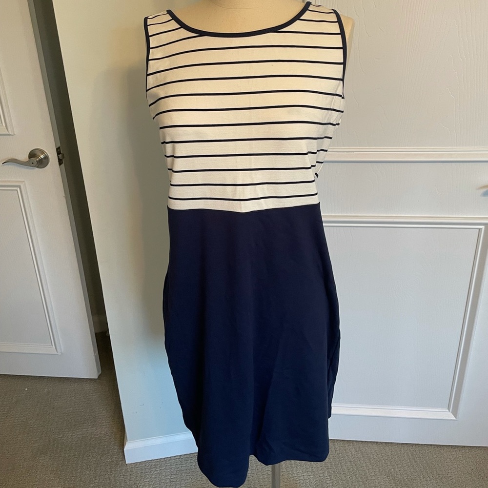 Nautica. Navy and striped fitted empire waist knee length dress.
